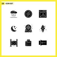 Group of 9 Solid Glyphs Signs and Symbols for romantic night night view moon picture Editable Vector Design Elements