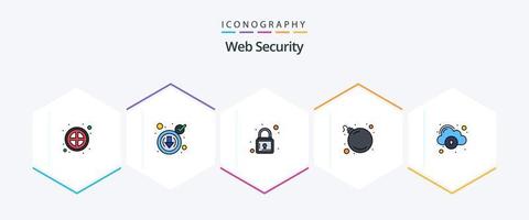 Paquete de iconos de seguridad web de 25 líneas completas que incluye seguridad. datos. cerrar. nube. amenaza vector