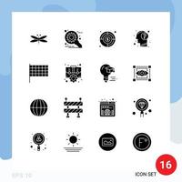 Mobile Interface Solid Glyph Set of 16 Pictograms of mind head setting education finding goal Editable Vector Design Elements