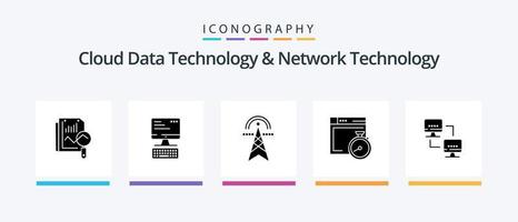 Cloud Data Technology And Network Technology Glyph 5 Icon Pack Including computer. compass. electric tower. brower. computing. Creative Icons Design vector
