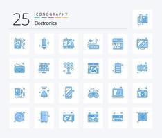 paquete de iconos de 25 colores azules de electrónica que incluye pantalla. fabricante. paquete. máquina. enchufe vector