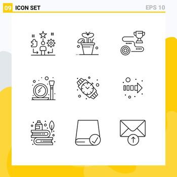 conjunto moderno de 9 esbozos pictograma de pincel de maquillaje que crea elementos de diseño de vector editables de ruta de vidrio de resorte