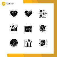 Set of 9 Vector Solid Glyphs on Grid for loss downfall monetization down value Editable Vector Design Elements