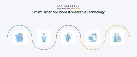 soluciones urbanas inteligentes y paquete de iconos azules de 5 tecnologías portátiles que incluye prendas. polución. digital. fábrica. filtración vector