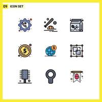 9 iconos creativos signos y símbolos modernos de dólar círculo gorra almuerzo educación elementos de diseño vectorial editables vector