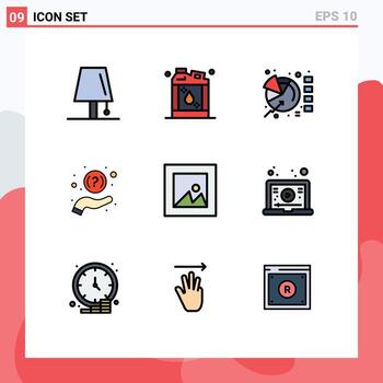 símbolos de iconos universales grupo de 9 colores planos de línea de relleno modernos de pregunta de imagen estadísticas de ayuda líquida elementos de diseño de vectores editables