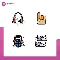 Mobile Interface Filledline Flat Color Set of 4 Pictograms of headphone globe handfree usa world Editable Vector Design Elements