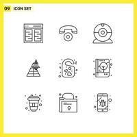 Group of 9 Modern Outlines Set for love launch cam space craft station Editable Vector Design Elements