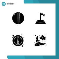 Solid Glyph Pack of 4 Universal Symbols of cricket ball attention solid ball flag ui Editable Vector Design Elements