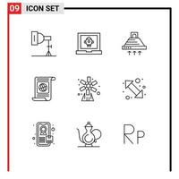 Pack of 9 creative Outlines of file target hood objectives smoke Editable Vector Design Elements