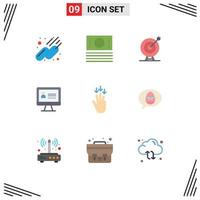 Modern Set of 9 Flat Colors Pictograph of gestures down achievement finger internet Editable Vector Design Elements