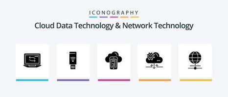 Cloud Data Technology And Network Technology Glyph 5 Icon Pack Including internet . arrow. cloud . gear. cloud. Creative Icons Design vector