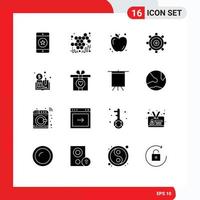 Pack of 16 Modern Solid Glyphs Signs and Symbols for Web Print Media such as currency gear viscous development coding Editable Vector Design Elements