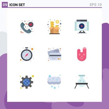 conjunto de colores planos de interfaz móvil de 9 pictogramas de temporizador bancario cronómetro de internet cronómetro elementos de diseño vectorial editables de video vector