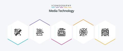 paquete de iconos de 25 líneas de tecnología de medios que incluye monitor. marketing. teléfono. computadora. configuración vector