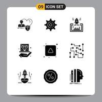 Modern Set of 9 Solid Glyphs Pictograph of hold diamond idea business startup Editable Vector Design Elements