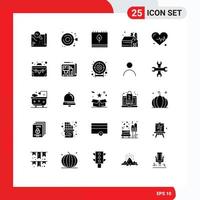 Pack of 25 creative Solid Glyphs of heart barn handicraft agriculture leaf Editable Vector Design Elements