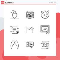 Editable Vector Line Pack of 9 Simple Outlines of crypto currency coin food moon coin hospital Editable Vector Design Elements