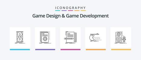 Paquete de íconos de la línea 5 de diseño y desarrollo de juegos que incluye nuevo. nivel. juego de azar. software. editor. diseño de iconos creativos vector