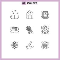 Pack of 9 Modern Outlines Signs and Symbols for Web Print Media such as environment tennis medical book racket pollution Editable Vector Design Elements