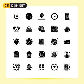 Pack of 25 Modern Solid Glyphs Signs and Symbols for Web Print Media such as warning signal location floor play Editable Vector Design Elements
