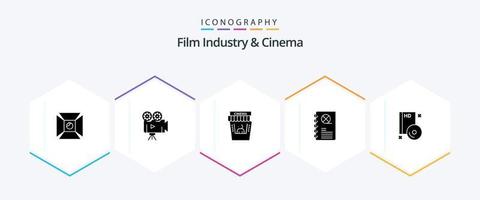 paquete de iconos de 25 glifos de cenima que incluye cd. libro. cine. película. cine vector