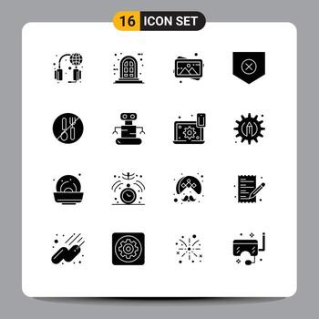 conjunto de glifos sólidos de interfaz móvil de 16 pictogramas de marco de comida de tenedor x elementos de diseño de vector editables de seguridad