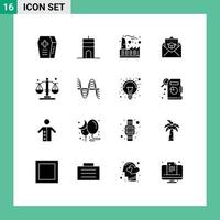 Mobile Interface Solid Glyph Set of 16 Pictograms of law balance factory mail education Editable Vector Design Elements