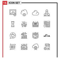 Outline Pack of 16 Universal Symbols of time clock overcast business space Editable Vector Design Elements