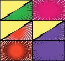 Comic book colorful frames background with halftone rays radial and dotted effects pop art style vector