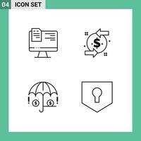 Mobile Interface Line Set of 4 Pictograms of computer insurance online dollar key Editable Vector Design Elements