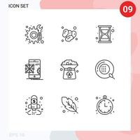 Pack of 9 Modern Outlines Signs and Symbols for Web Print Media such as coin mobile efficiency development application Editable Vector Design Elements