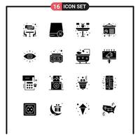 Group of 16 Modern Solid Glyphs Set for secret society eye desk presentation chart Editable Vector Design Elements