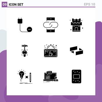 Group of 9 Modern Solid Glyphs Set for drink break message crash sand Editable Vector Design Elements