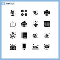Group of 16 Solid Glyphs Signs and Symbols for upload instagram flower shredder device Editable Vector Design Elements
