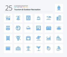 turismo y recreación al aire libre paquete de 25 iconos de color azul que incluye tumbona. hotel. comida. café. té vector