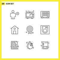 Pictogram Set of 9 Simple Outlines of medal building bus house transport Editable Vector Design Elements