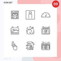 paquete de 9 signos y símbolos de contornos modernos para medios de impresión web, como elementos de diseño de vectores editables médicos de pulso de usuario de agricultura de manzana
