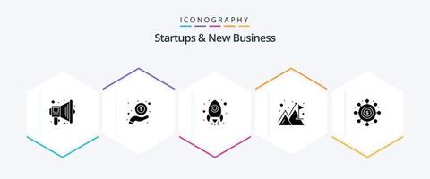 Startups And New Business 25 Glyph icon pack including money. cash. rocket. business. mountain vector