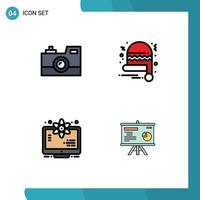 4 User Interface Filledline Flat Color Pack of modern Signs and Symbols of antique camera monitor retro camera santa space Editable Vector Design Elements