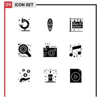 Mobile Interface Solid Glyph Set of 9 Pictograms of lens setting back to school optimization customize Editable Vector Design Elements