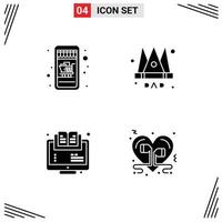 Solid Glyph Pack of 4 Universal Symbols of mobile shopping learning crown king online Editable Vector Design Elements