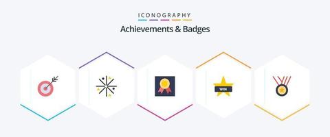 logros e insignias Paquete de 25 iconos planos que incluye medallas. ganar. Insignia. insignias. Insignia vector