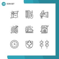 Modern Set of 9 Outlines Pictograph of train success audio goal music Editable Vector Design Elements