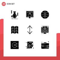 Editable Vector Line Pack of 9 Simple Solid Glyphs of arrow location internet map festival Editable Vector Design Elements