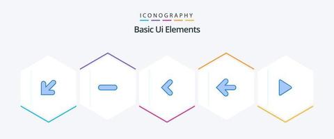 elementos básicos de la interfaz de usuario 25 paquete de iconos azules que incluye medios. señalar hacia atrás. flecha. espalda. flecha vector