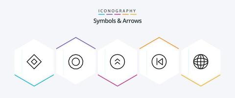 Symbols and Arrows 25 Line icon pack including worldwide. globe. direction. music. arrows vector