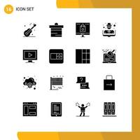 Group of 16 Modern Solid Glyphs Set for monitor thief bag man shopping Editable Vector Design Elements