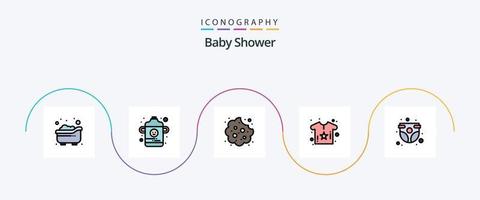 la línea de baby shower llenó el paquete de iconos flat 5, incluido el niño. bebé. Galleta. camisa. cuerpo vector