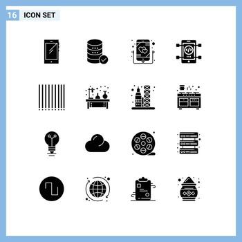16 glifos sólidos vectoriales temáticos y símbolos editables de desarrollo de código de barras codificación web música elementos de diseño vectorial editables vector